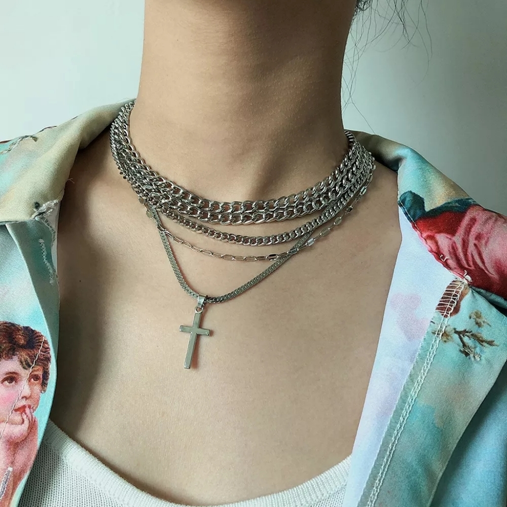Silver Multilayer Cross Necklace - Picture 6 of 9
